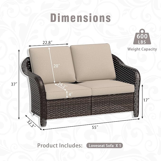 3 Piece Patio Wicker Conversation Set, All-Weather Use Outdoor Wicker Loveseat with 2 PE Rattan Chair, Ideal for Porch, Backyard, Balcony, Poolside, Beige