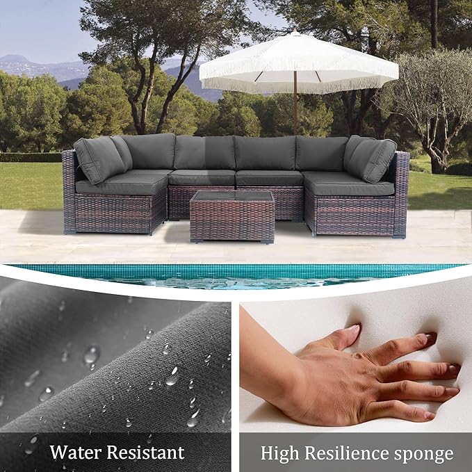 7 Piece Outdoor Patio Furniture Set, Rattan Weather-Resistant Outdoor Conversation Set, Outside Furniture Patio Sectional Sofa Set with Thick Cushions and Coffee Table, Gray