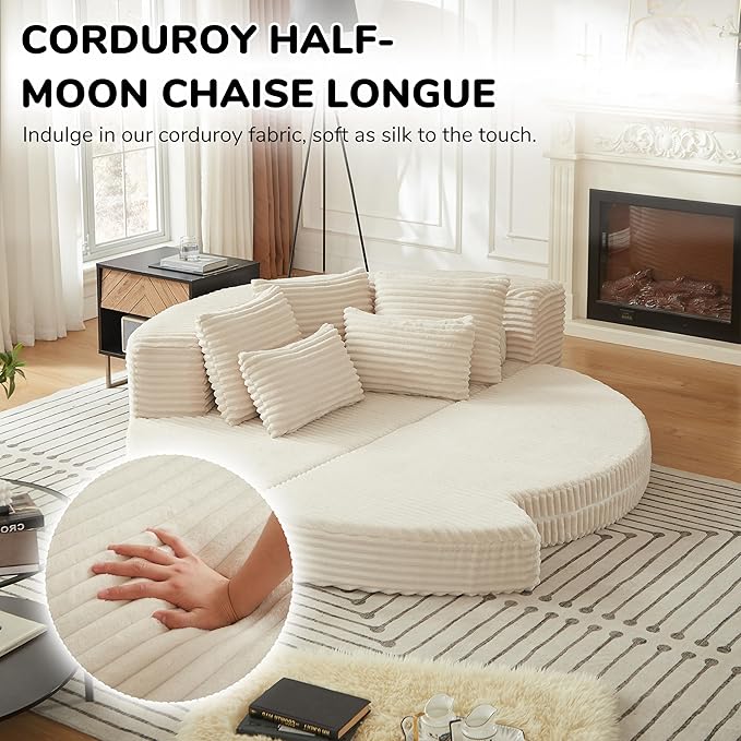 ERYE Oversized Round Sofa Chaise Daybed Comfy Corduroy Couch Boneless Sleeper Recliner Sofabed with 10 Pillows and Headrests