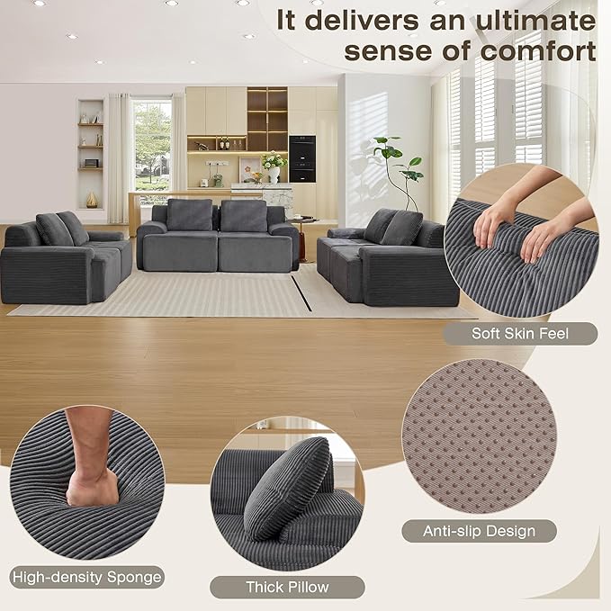 Modular Sectional Sofa, 6 Seat Modular Couch, Modular Sofa with Deep Seat and Detachable Pillow (Grey, 6 Pieces-Rowshape 3 Side)