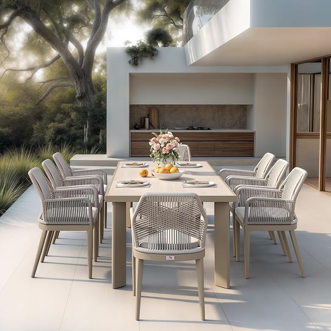 PURPLE LEAF 9 Pieces Patio Dining Set Aluminum Modern Rectangular Table and Rattan Arm Chairs with Cushions for Kitchen Porch Garden Outdoor Furniture Sets, Champagne by PURPLELEAF