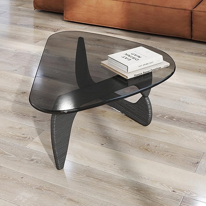 Black Glass Coffee Table for Living Room, Mid Century Modern Coffee Table with Tempered Glass Top and Solid Wood Base, Farmhouse Center Table for Small Space, Tea Tables