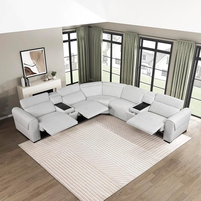 Lexicon Power Reclining Sectional Couches for Living Room-Modular Sectional Sofa, Wall Hugger, 3 Recliner Seats, 2 Console Cup Holders, Power Headrests, Charging Ports, 5 Seater Couch, Chenille Cloud