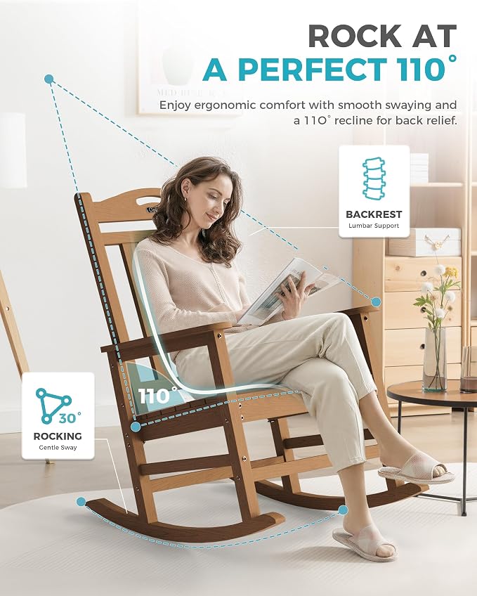 Ciokea Oversized Outdoor Rocking Chairs Set of 4, 380lbs Heavy-Duty Large Patio Rocker, High Back Cozy Porch Chairs, Weather Resistant Patio Rocking Chairs for Outside, Fire Pit, Deck, Teak - Image 4