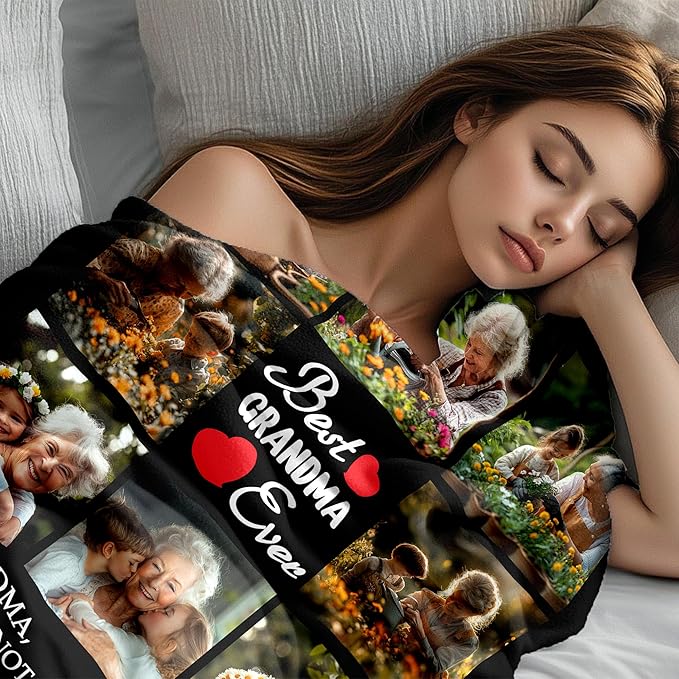 Personalized Mothers Day Birthday Gifts for Grandma from Granddaughter Grandson, Custom Blanket with Photos, Best Grandma Ever Customized Blankets with Photos