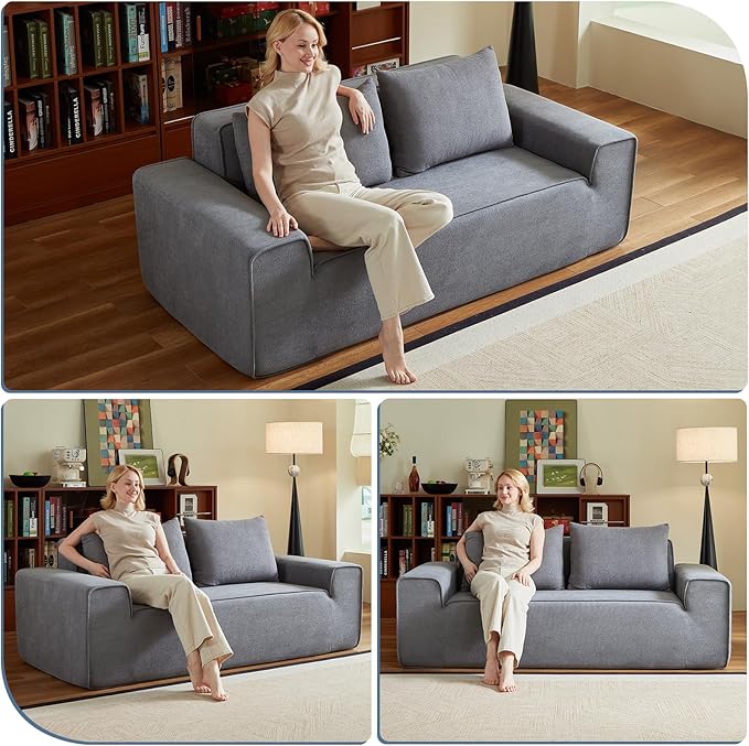 76" Memory Foam Couch 3 Seater, Boneless Couh with Deep Seat, Small Cloud Sofa for Living Room, Office, No Assembly Required Sofa (Grey, Velvet)