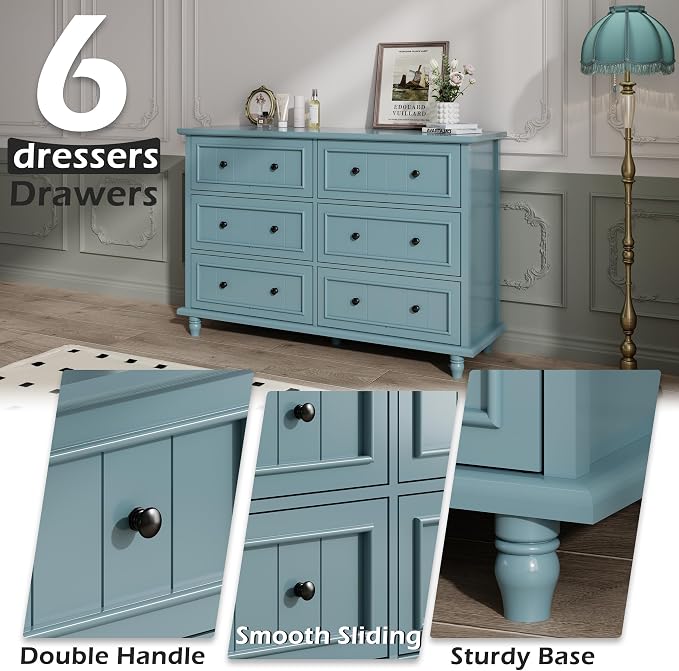Scurrty 6 Drawer Dresser, Antique Chest of Drawers, Large Cabinet with Storage, Big Dresser for Clothes in Living Room, Bedroom (Blue) - Image 7