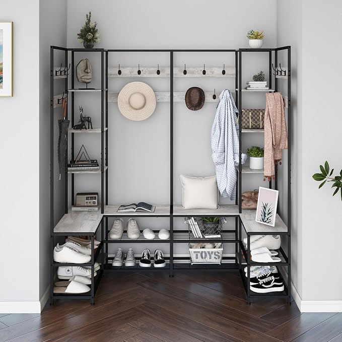 GiftGo Corner Hall Tree with Shoe Rack Storage Bench Display Open Shelves Modern Industrial Entryway Coat Rack Stand for Home Living Room Mudroom Bedroom Multifuncitonal 5 in 1 (Greige) - Image 7