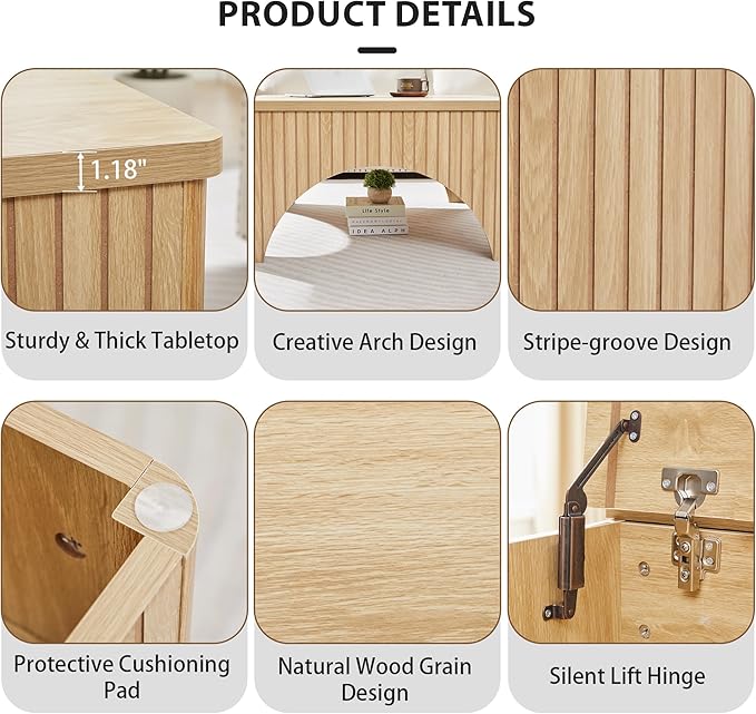 Square Coffee Table, 39'' Large Lift Top Coffee Table with Flip-Top Hidden Compartment Farmhouse Fluted Center Table Wooden Tea Table for Living Room, Apartment, Office (Natural)