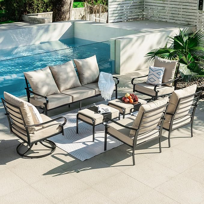 7 Piece Patio Furniture Set, Metal Patio Conversation Set with 1x3 Seater Sofa & 2xFixed Chairs & 2xSwivel Chairs & 2xOttomans, 5.75'' Extra Thick Cushion for Lawn Garden Backyard, Beige