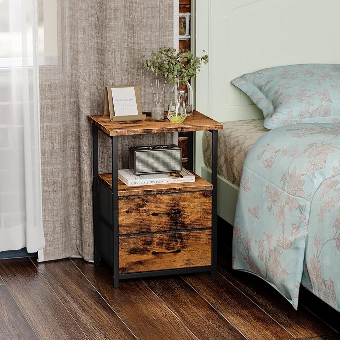 Fixwal Night Stand with Charger Station, Nightstand with Charging Station & Fabric Drawers，Rustic Brown - Image 6