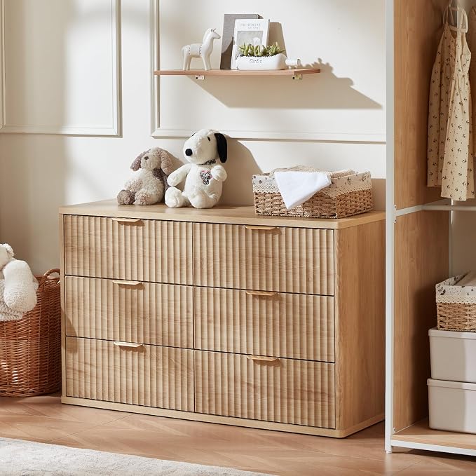 LEYAOYAO Fluted 6 Drawers Dresser for Bedroom, 48" Wide Modern Chest of Drawers with Metal Handle, Natural Curved Profile Farmhouse Closet Organizer Wood Dressers TV Stand for Living Room, Hallway - Image 9