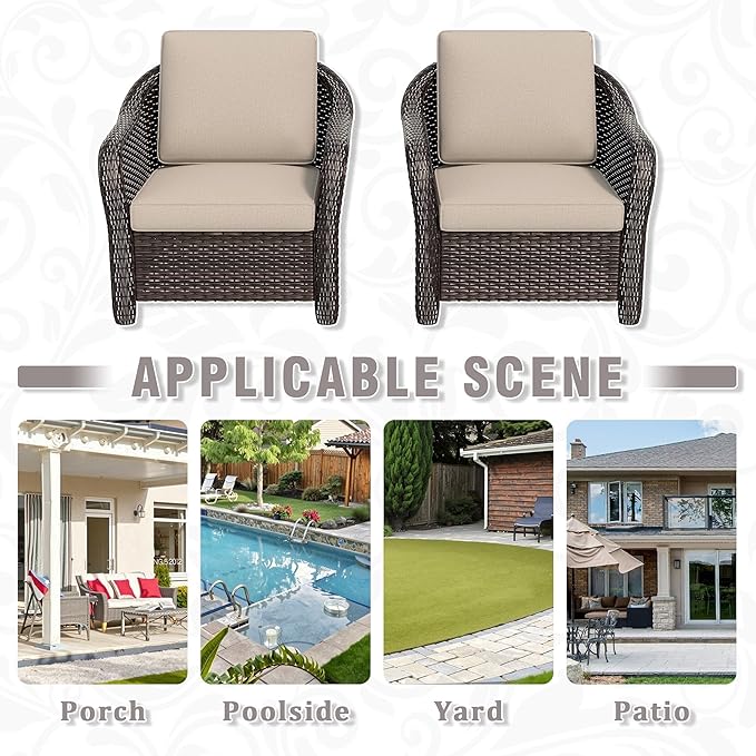 Outdoor Wicker Chair Set of 2, All-Weather Use Patio Rattan Chair with Seat and Back Cushion, Ideal for Porch, Backyard, Balcony, Poolside, Beige