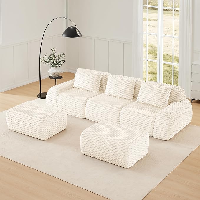 114" U-Shaped Compressed Sectional Cloud Sofa, Flannel Upholstered Modular Deep Seat Sofa with 5 Pieces, Symmetrical Boneless Foam Modular Cloud Couches for Living Room