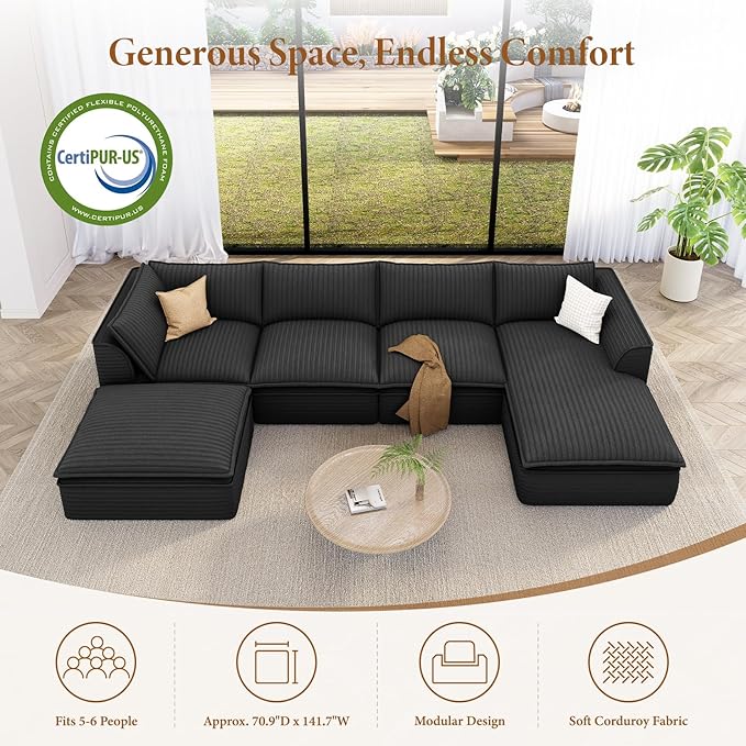 Vesgantti 141.7" U Shaped Sectional Boneless Couch, Modern 6 Seater Modular Sofa with Chaise & Ottoman, Deep Seat Plush Corduroy Cloud Couches for Living Room, No Assembly Required, Dark Gray