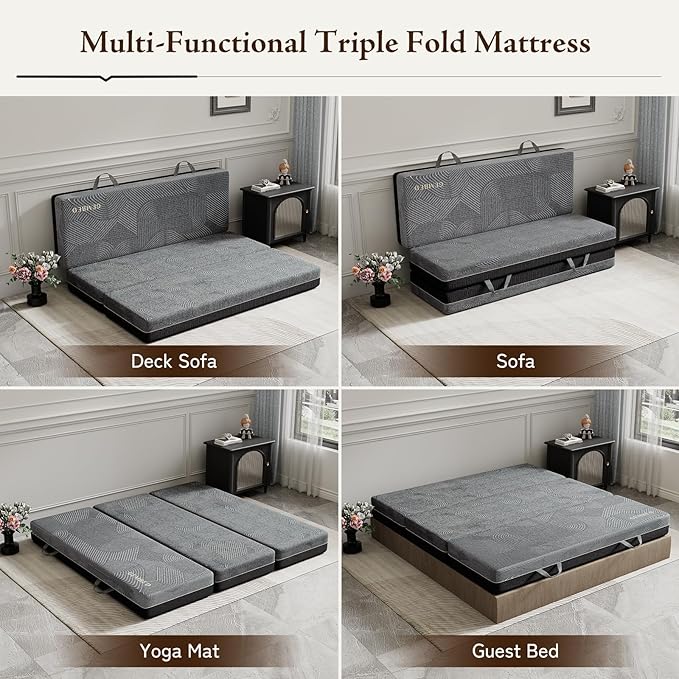 GEMBED Tri Folding Mattress King Size - Memory Foam Tri-fold Mattress, Handle & Non-Slip Bottom, Portable Foldable Sofa Bed Floor Chair for Travel RV Camping Guest Yoga - 6 Inch, 80"x76"x6"