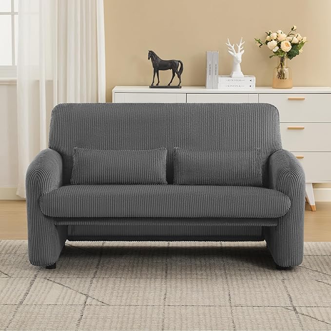 WUTUTUEE 56'' Corduroy Loveseat Sofa, 2 Seater Love Seat Couch for Small Space, Comfy Upholstered Modern Leisure Loveseat Couches with Lumbar Pillows for Bedroom, Office, Living Room, Grey