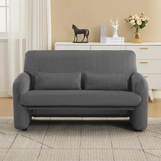 WUTUTUEE 56'' Corduroy Loveseat Sofa, 2 Seater Love Seat Couch for Small Space, Comfy Upholstered Modern Leisure Loveseat Couches with Lumbar Pillows for Bedroom, Office, Living Room, Grey