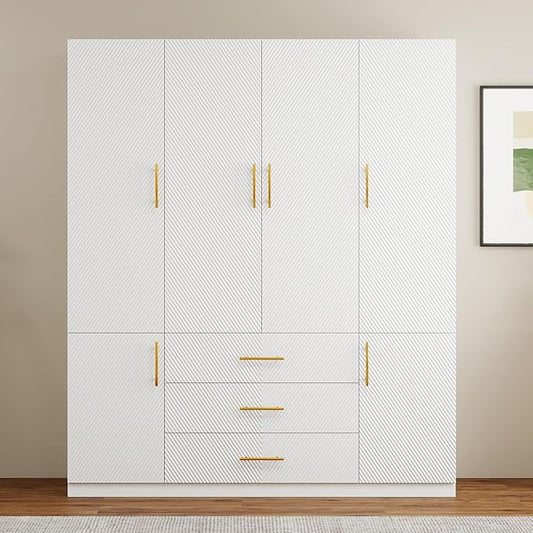 White Wardrobe Closet with Doors, 3 Drawers, Hanging Rods, Metal Handles, Large Capacity, Modern Minimalist Design, Textured Finish，Ideal for Bedroom 63.0" W x 20.47" D x 74.21" H (26)