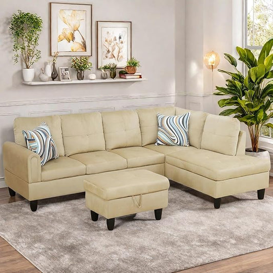 FONTOI Sectional Couch with Otttoman, 97" L Shaped Couch Sectional Sofa for Living Room, Modern Modular Couches with Cup Holders for Bedroom, Apartments, Beige