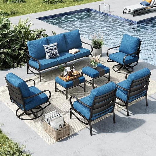 MFSTUDIO 7 Pieces Metal Patio Furniture Sets, 2 Swivel Chairs, 3-Seat Deep Seating Sofa, 2 Single Couch and 2 Ottoman, All Weather 9 Seats Outdoor Conversation Set for Garden Backyard, Peacock Blue