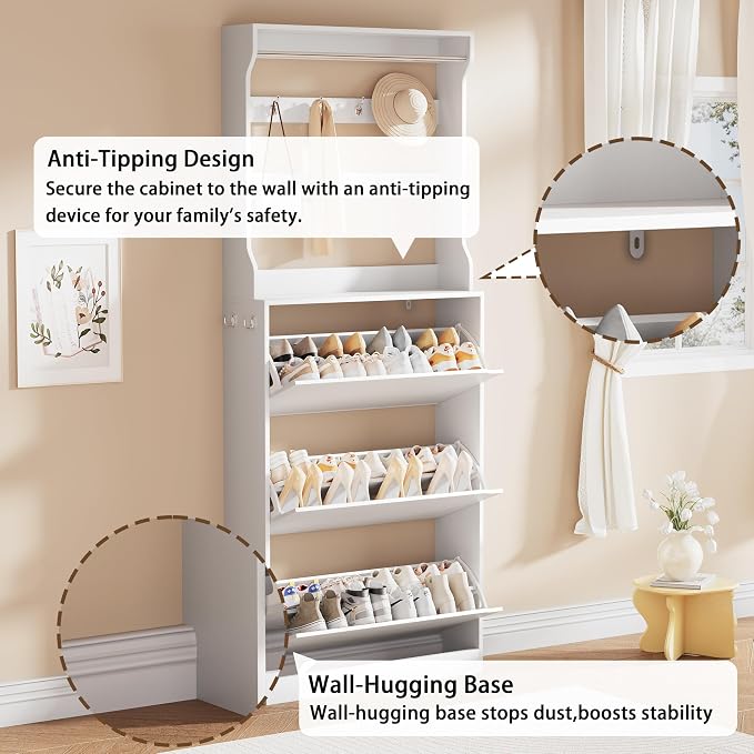 Shoe Cabinet for Entryway, White, 31.5 * 9.37 * 78.74 Inch, 3 Flip Drawers, 3 Shelves, Modern Style - Image 6