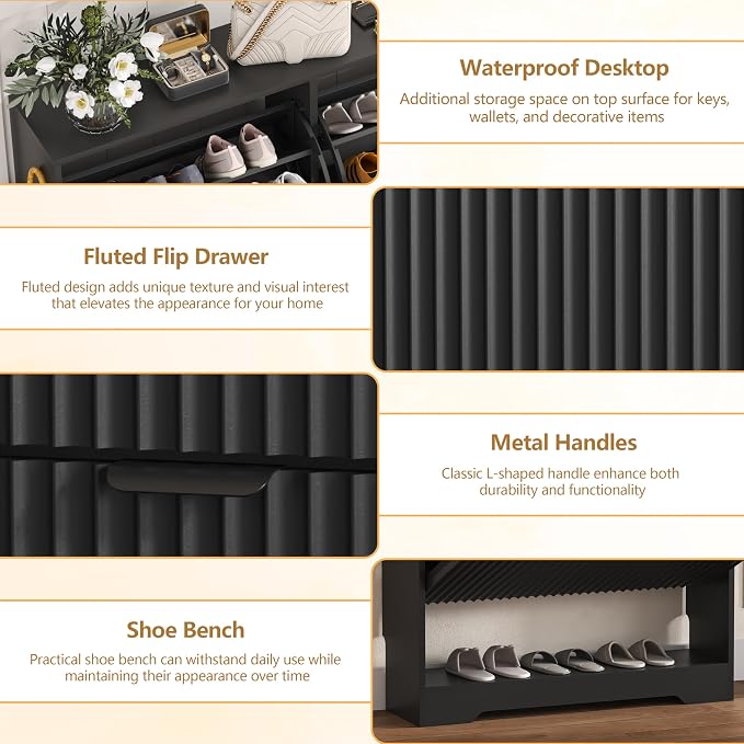 HUANLEGO Shoe Cabinet Storage for Entryway with 2 Flip Drawers, Black Fluted Shoe Cabinet with Open Storage, Wooden Hidden Shoe Rack Freestanding Narrow Slim Shoes Organizer for Hallway, Entrance - Image 5