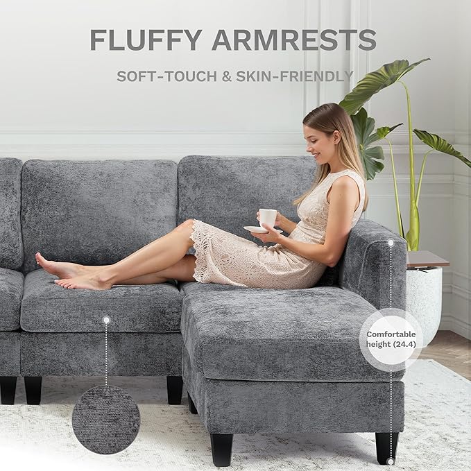 118" U-Shaped Sectional Couch, 4-Seat Modular Sofa with USB Type C Ports, 2 Ottomans and Foldable Side Table, Grey for Living Room