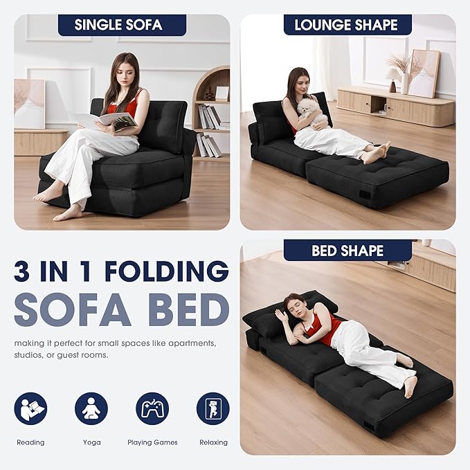 KINGYES Folding Chair Bed, 3 in 1 Convertible Sleeper Chair with Pillow, Foldable Futon Chair for Living Room, Black