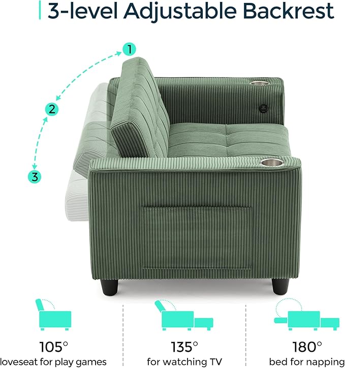 LINSY 54" Pull Out Couch with Charging Station - Sleeper Sofa Bed with Cup Holder, Small 3 in 1 Convertible Loveseat Sleeper Couch for Apartment, Dorm Room, Bedroom and Small Space, Olive Green