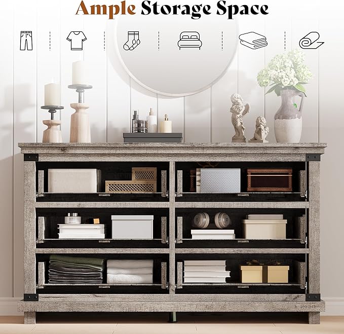 AMERLIFE 5 Pieces Farmhouse Bedroom Set, Includes Rustic King Bed Frame with 51" Tall Headboard, 6 Drawer Dresser, 5 Drawer Tall Chest, Nightstands Set of 2 with Charging Station, Rustic Grey