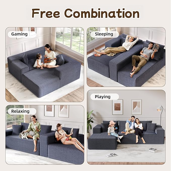 L-Shape Cloud Sectional Sofa, 104” Modern Modular Boneless Couch with Right Chaise Lounge, Compressed Floor Sofa with 5 Pillows & Deep Seat, Flannel Velvet Couch for Living Room, Dark Gray