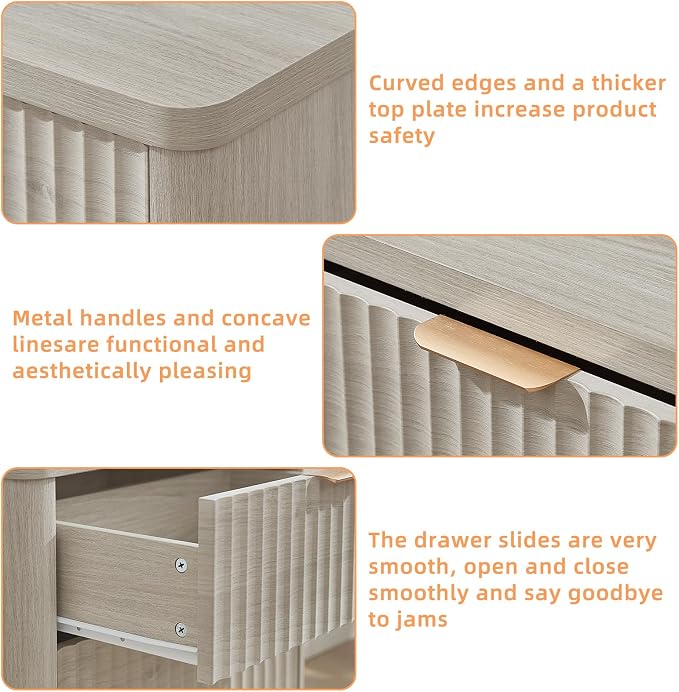 LEYAOYAO Fluted Farmhouse Nightstand Set of 2 with Charging Station, 23" Wide 3 Drawers Night Stand,LightGrey Dresser for Bedroom,Bed Side Table Chest of Drawers,Wood End Table for Living Room - Image 7