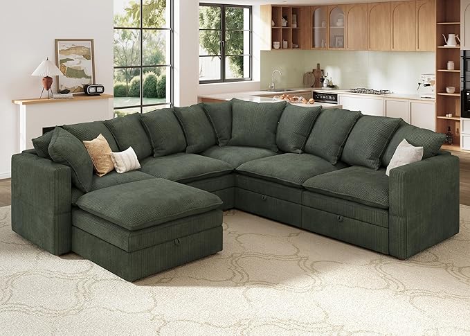 HONBAY Modular Sectional Sofa, 6 Seat U Shaped Corduroy Couch with Storage & Pillows, Convertible Sectional Couches for Living Room, Green