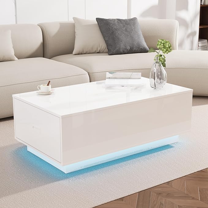 41" LED Coffee Table with 2 Drawers - High Gloss White Modern Table with Lighting for Living Room (41.33" W x 23.62" D)
