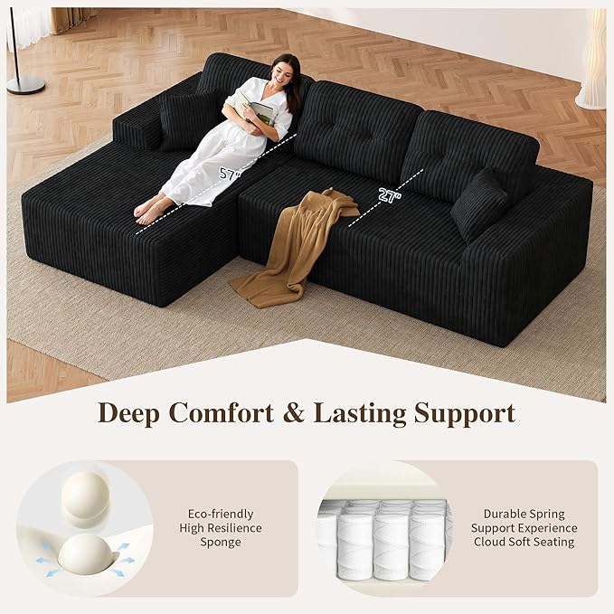 Ball & Cast 106" Cloud Sectional Couch, Compressed L-Shaped Sofa with Deep Seat Chaise, Boneless No Assembly Modular Couch, Foam & Spring Support, 2 Boxes (Right Facing, Corduroy Black)