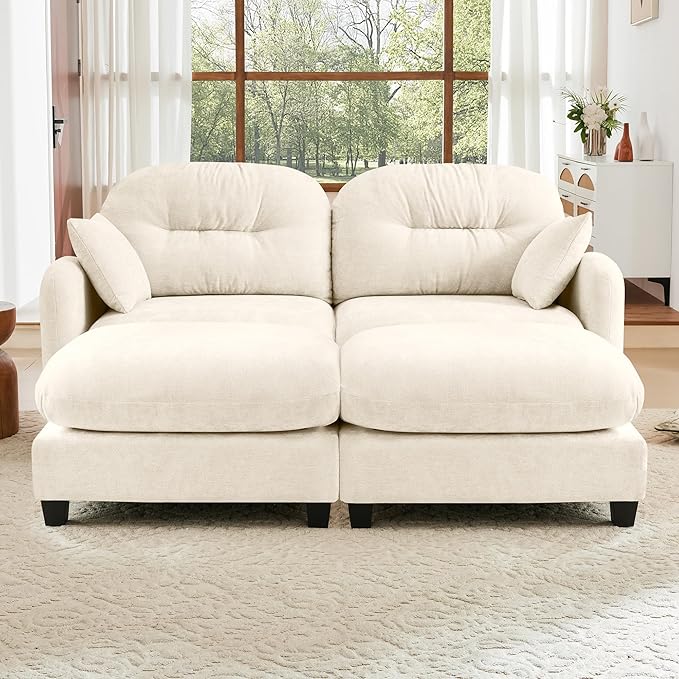 KEIKI 74" Oversized Chenille Modular Sectional Loveseat Sofa with 2 Ottoman, High-Density Foam Cushions, Tufted Pleated Cushion Backrest, Modern 2-Seater Couch with 2 Pillow, for Living Room, Beige