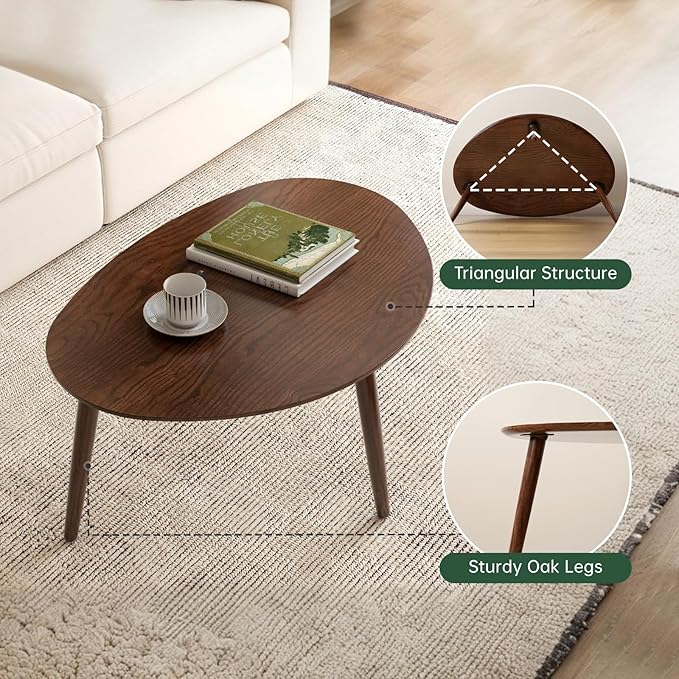 Small Oval Coffee Table, 100% Solid Wood Coffee Tables Mid Century Modern Table for Living Room, Side Table End Tables for Home (Walnut Wood Color, 25.59''x17.51''x19.68'')