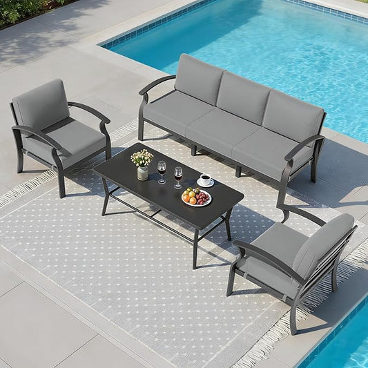 Aluminum Outdoor Patio Furniture Set,5 Seats Patio Conversation Sets with Rectangular Coffee Table,Metal Patio Sectional Furniture Set with 5.1" Thickened Cushions,Grey
