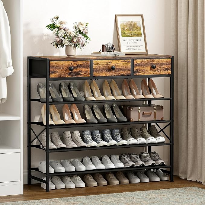 Shoe Rack, 5 Tier Shoe Organizer with 3 Drawers, Metal Shoe Storage for 24-30 Pairs of Shoes with Fabric Shelves and Wooden Top, Narrow Shoe Shelf for Closet Entryway Rustic Brown - Image 2