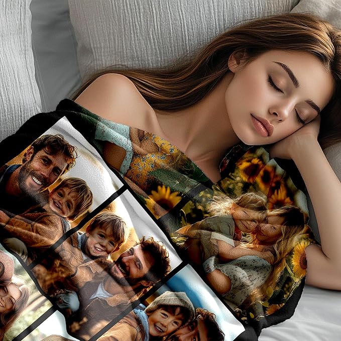 Custom Blanket with Picture, Customized Throw Photo Blanket, Personalized Birthday Christmas Valentine's Day for Men Women Dad Mom Boyfriends Girlfriends Adults Kids, 9 Photos
