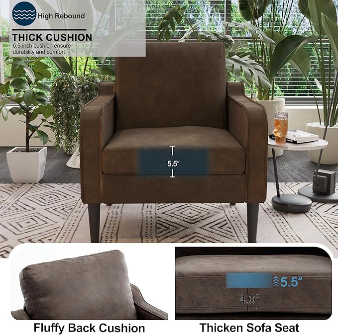 Ribilake Brown Accent Chair Set of 2 - Upholstered Armchair with Side Pockets, Comfy Living Room Arm Chair, Faux Leather Reading Accent Chairs for Bedroom, Living Room, Apartment, Office