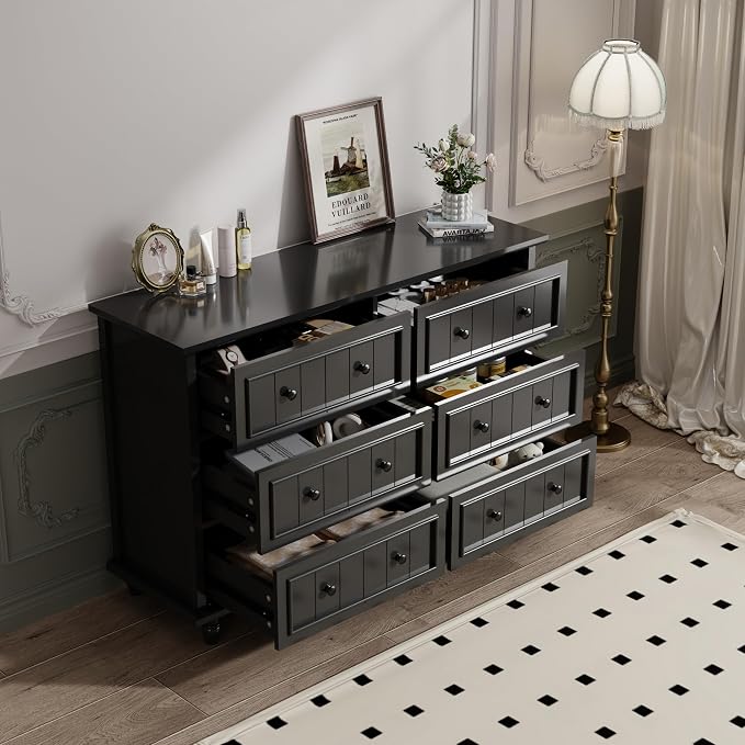 Scurrty 6 Drawer Dresser, Antique Chest of Drawers, Large Cabinet with Storage, Big Dresser for Clothes in Living Room, Bedroom (Black) - Image 3