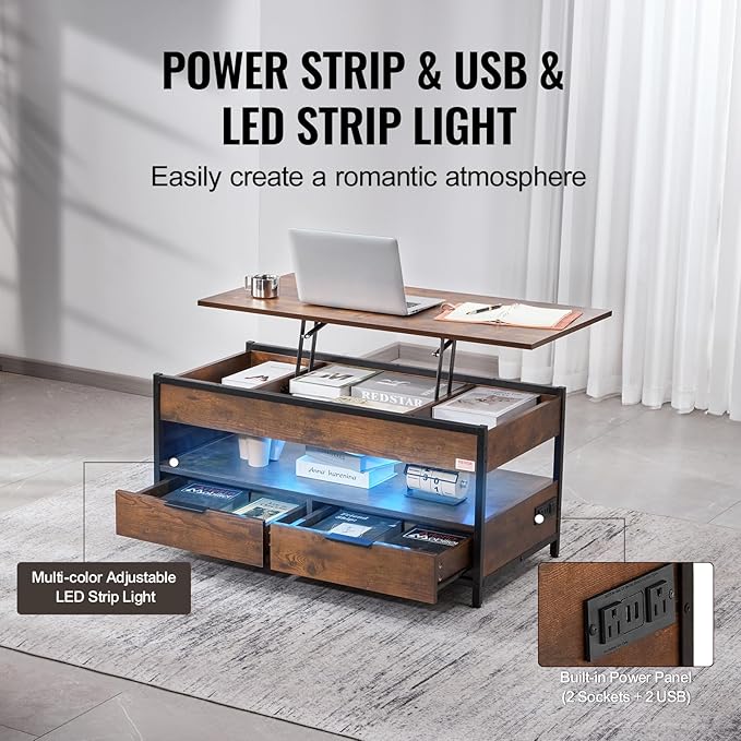 VEVOR Lift Top Coffee Table, 39.4 in Rectangle Coffee Table with Extra Storage Pockets, Pop Up Coffee Table with Power Strip & USB & Ambient Lighting for Living Room, Brown
