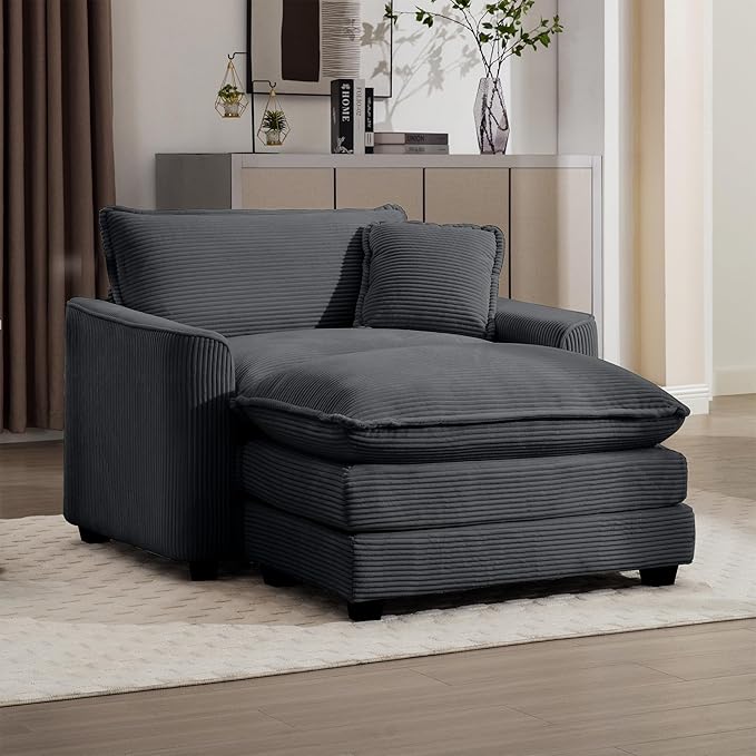 KEIKI 45" Oversized Corduroy Modular Sectional Single Sofa with 1 Ottoman, High-Density Foam Cushions, Removable Armrest, Upholstered 1-Seater Lounge Accent Chair with 1 Pillow, for Living Room, Grey