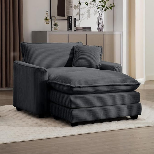 KEIKI 45" Oversized Corduroy Modular Sectional Single Sofa with 1 Ottoman, High-Density Foam Cushions, Removable Armrest, Upholstered 1-Seater Lounge Accent Chair with 1 Pillow, for Living Room, Grey
