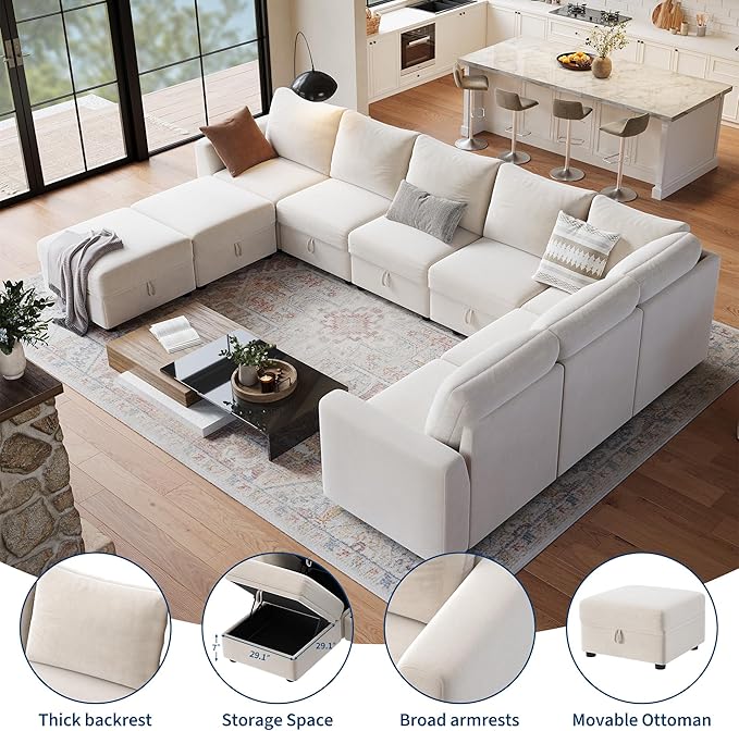 Sectional Couches for Living Room, Cloud Couch Sectional with Large Storage, l-Shape Modular Sectional Sofa with Ottoman (Beige 9-Seater)