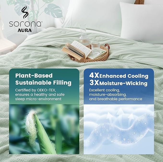 Amélie Home Waffle Cooling Comforter King Size, Q-Max 0.45 Reversible Lightweight Cooling Blanket for Hot Sleepers, Breathable Bedding for Night Sweats, 106"x90", Sage Green