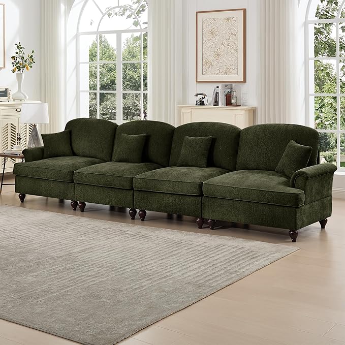 KEIKI Mid Century Modular Sofa with Flared Arms and Skirted Design, 137“ Oversized 4-Seater Luxury Chenille Sectional Couches for Living Room, Soft Comfortable Couch Bedroom Furniture, Green