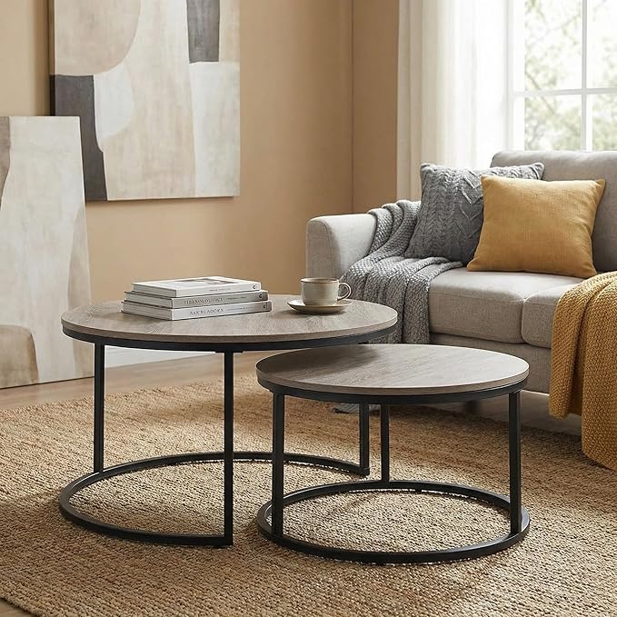 CENSI Round Nesting Coffee Table Set of 2, 31.5" Modern Grey Wash Oak Wood & Metal Frame, Industrial Circle Stacking Accent Tables for Living Room, Rustic Farmhouse Decor, Easy Assembly